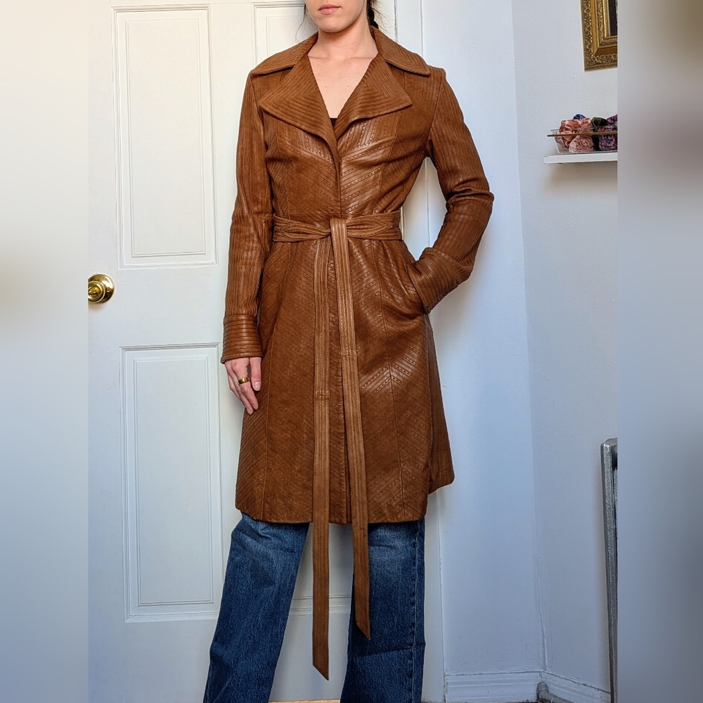 Elie Tahari Textured Brown Leather Coat